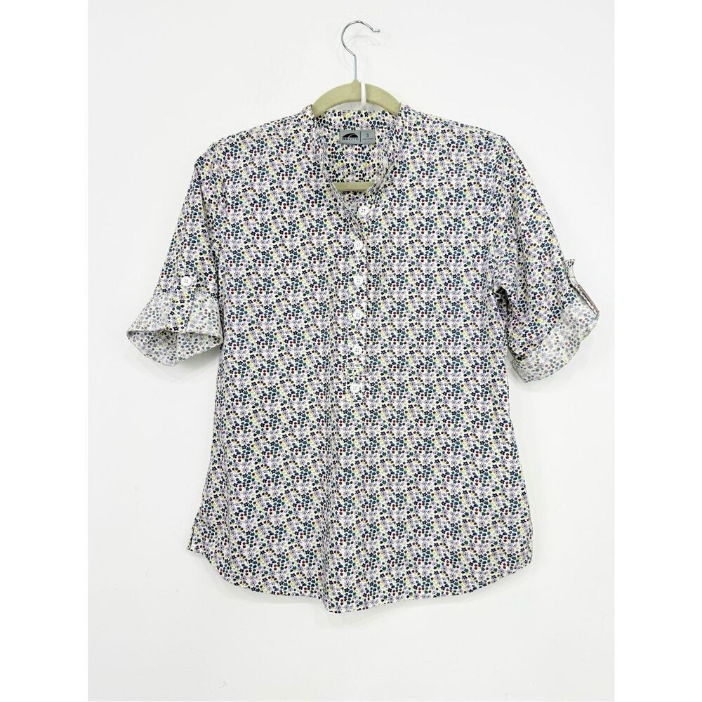 GoLite Micro Floral Collarless Roll Tab Sleeve Half Button 100% Cotton Shirt